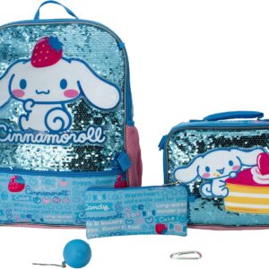 AI ACCESSORY INNOVATIONS Sanrio\u2019s Cinnamoroll 5 Piece Backpack Set, Hello Kitty Kawaii Flip Sequin Girls School Bag with Front Zip Pocket, 2 Side Mesh Pockets, Blue
