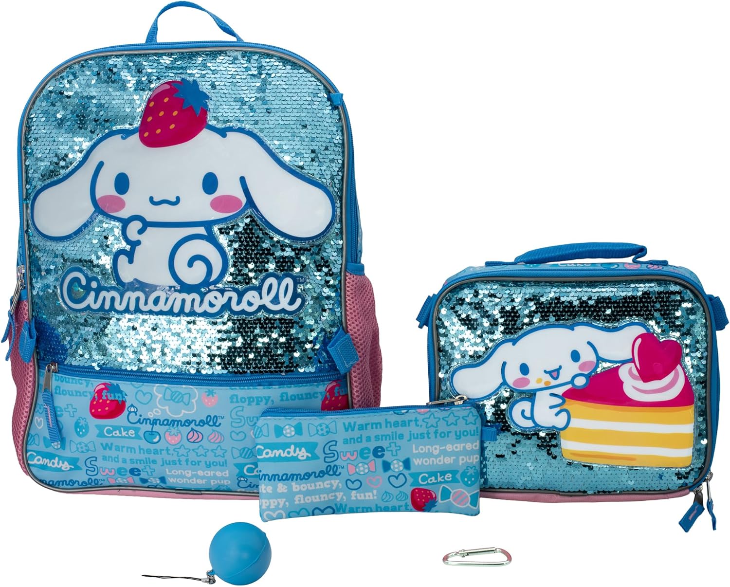 AI ACCESSORY INNOVATIONS Sanrio\u2019s Cinnamoroll 5 Piece Backpack Set, Hello Kitty Kawaii Flip Sequin Girls School Bag with Front Zip Pocket, 2 Side Mesh Pockets, Blue