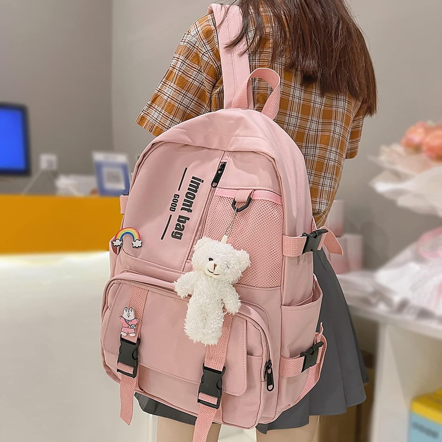 Bopchk Cute Girl Waterproof Backpack Nylon School Bag Kawaii Female Laptop Bag Women College Student Mesh Backpack Fashion - Image 4
