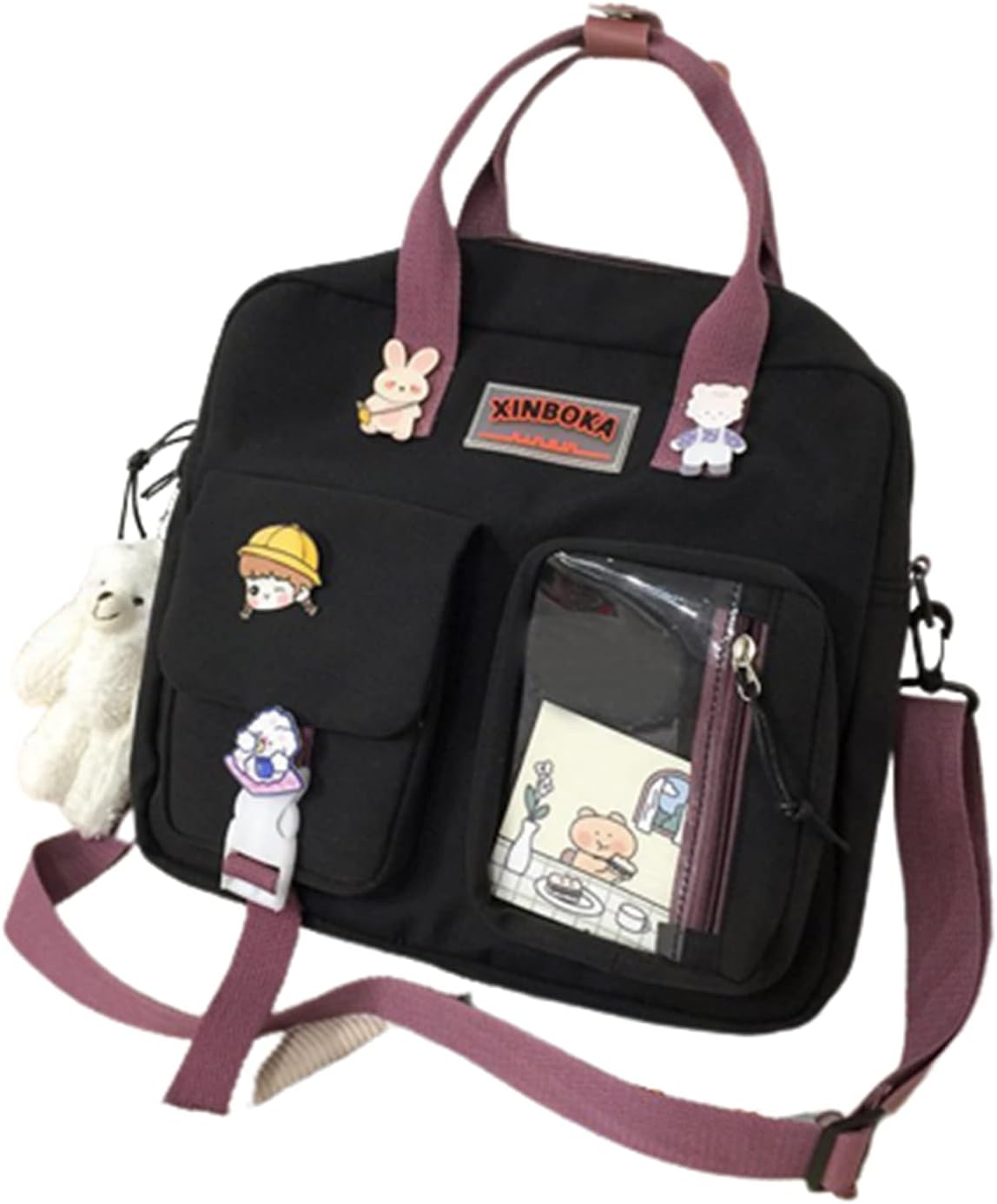 Bopchk Women Kawaii Backpack Transparent Pocket Schoolbag for Teenage Girls New Travel Shoulder Bags Multi-Function