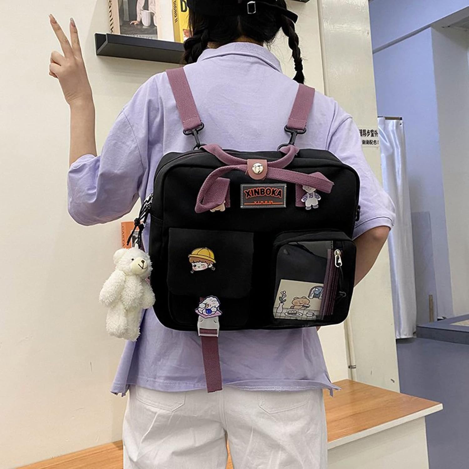 Bopchk Women Kawaii Backpack Transparent Pocket Schoolbag for Teenage Girls New Travel Shoulder Bags Multi-Function - Image 3