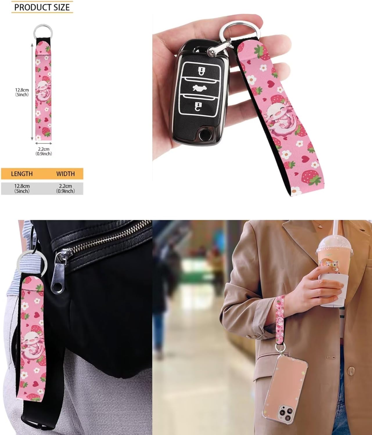 BYCHECAR Axolotl Backpack for Girls 10-12 with Lunchbox Lovely Kids Backpack Portable Lunch Bag Pencil Case Keychain Set Strawberry Pink Daypack Lunch Box Pen Bag Key Chain for Hiking - Image 7