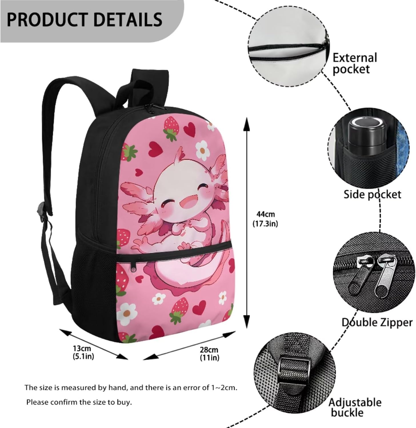 BYCHECAR Axolotl Backpack for Girls 10-12 with Lunchbox Lovely Kids Backpack Portable Lunch Bag Pencil Case Keychain Set Strawberry Pink Daypack Lunch Box Pen Bag Key Chain for Hiking - Image 2