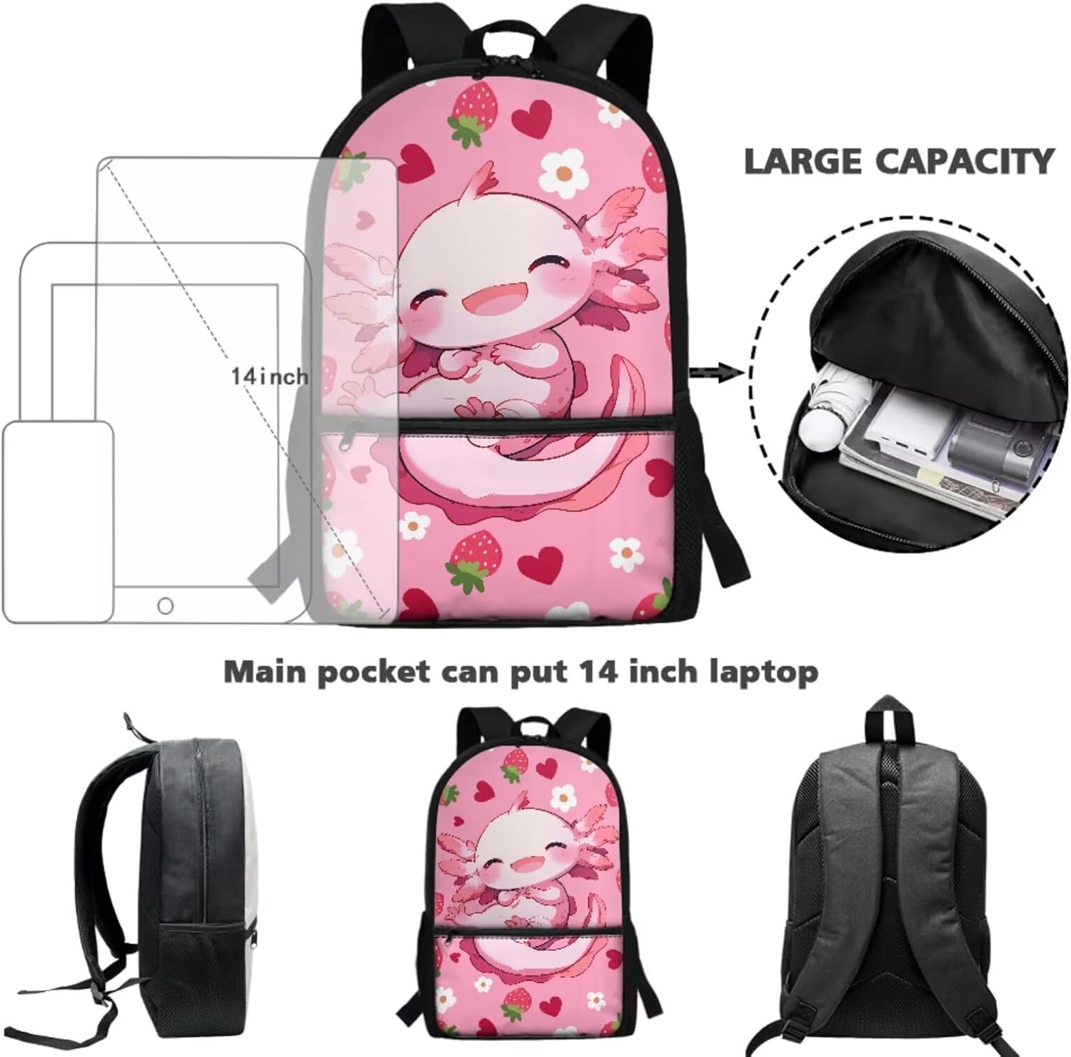 BYCHECAR Axolotl Backpack for Girls 10-12 with Lunchbox Lovely Kids Backpack Portable Lunch Bag Pencil Case Keychain Set Strawberry Pink Daypack Lunch Box Pen Bag Key Chain for Hiking - Image 4