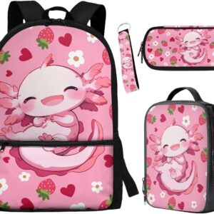 BYCHECAR Axolotl Backpack for Girls 10-12 with Lunchbox Lovely Kids Backpack Portable Lunch Bag Pencil Case Keychain Set Strawberry Pink Daypack Lunch Box Pen Bag Key Chain for Hiking
