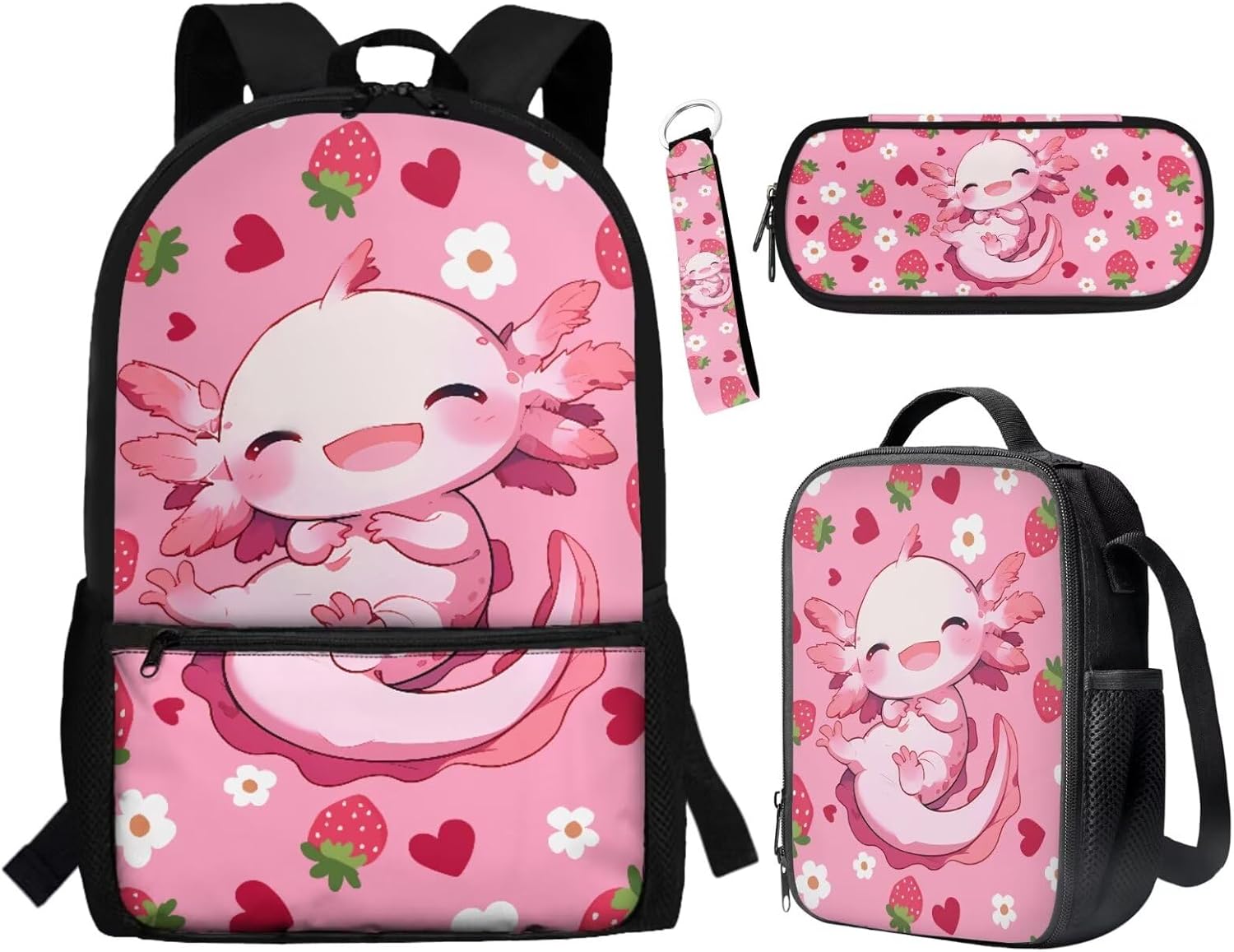 BYCHECAR Axolotl Backpack for Girls 10-12 with Lunchbox Lovely Kids Backpack Portable Lunch Bag Pencil Case Keychain Set Strawberry Pink Daypack Lunch Box Pen Bag Key Chain for Hiking