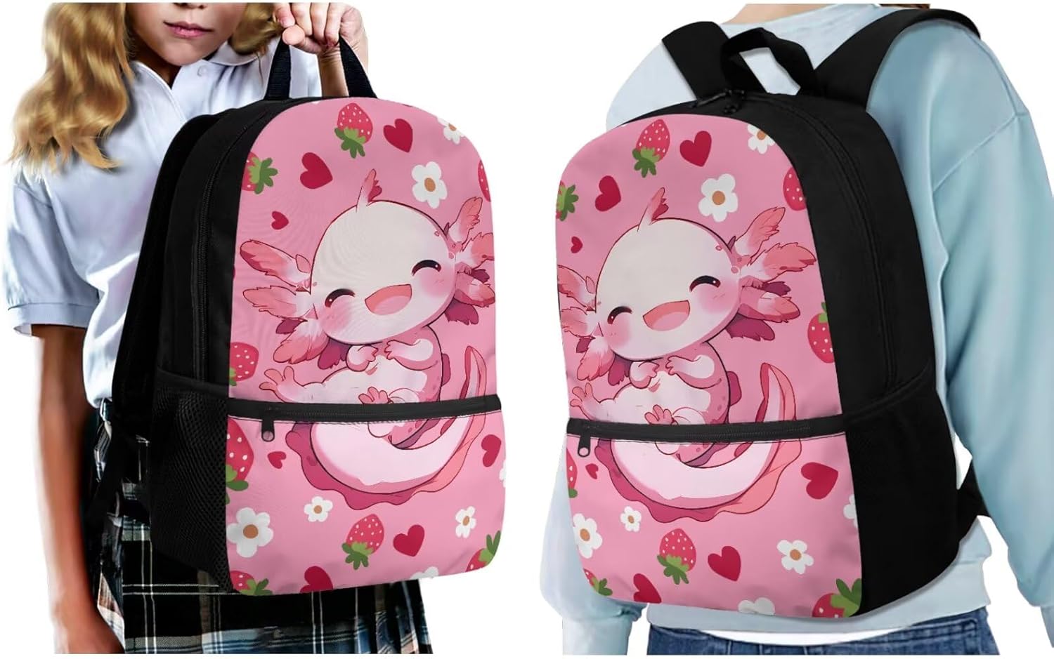 BYCHECAR Axolotl Backpack for Girls 10-12 with Lunchbox Lovely Kids Backpack Portable Lunch Bag Pencil Case Keychain Set Strawberry Pink Daypack Lunch Box Pen Bag Key Chain for Hiking - Image 3