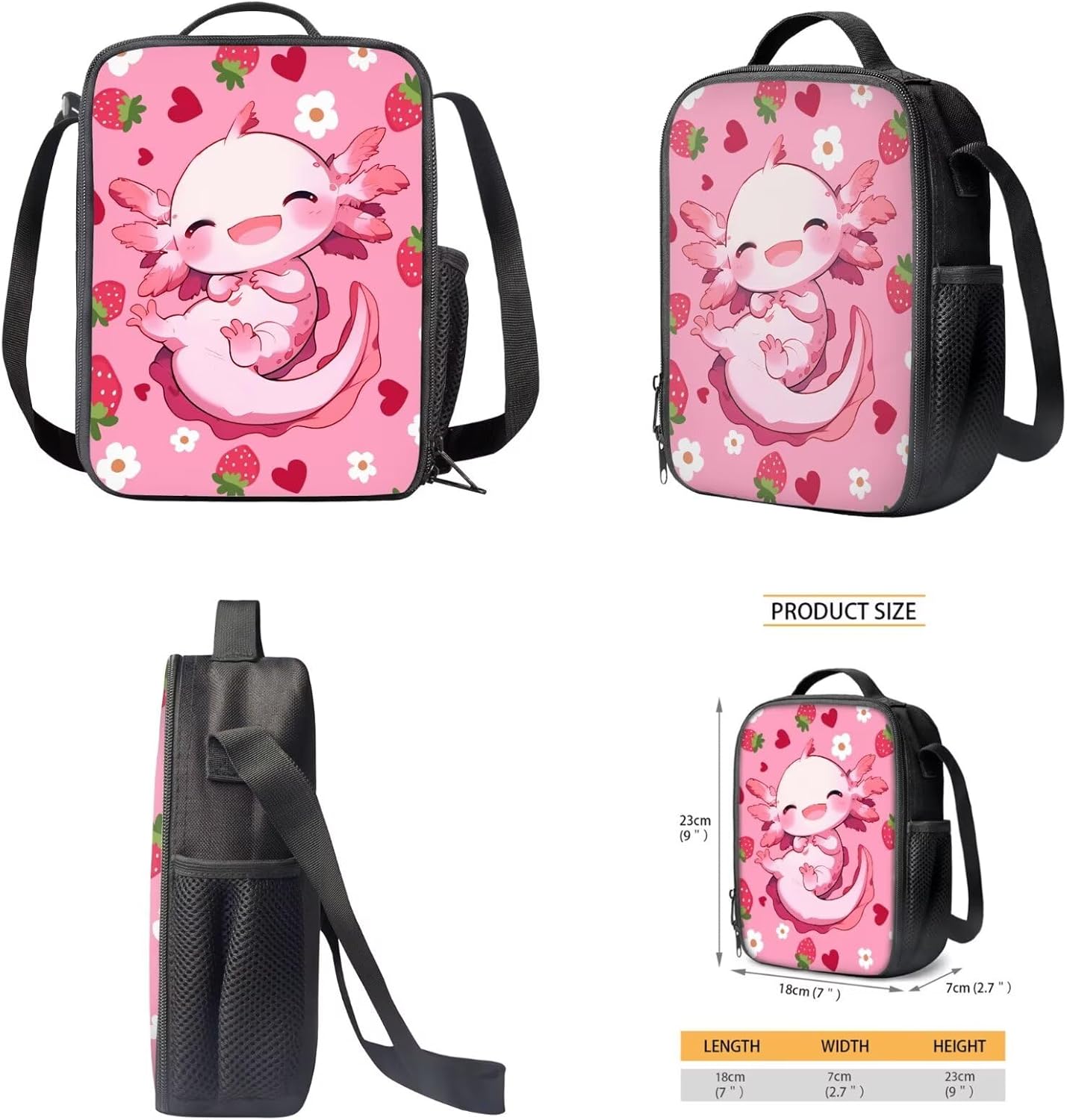 BYCHECAR Axolotl Backpack for Girls 10-12 with Lunchbox Lovely Kids Backpack Portable Lunch Bag Pencil Case Keychain Set Strawberry Pink Daypack Lunch Box Pen Bag Key Chain for Hiking - Image 5