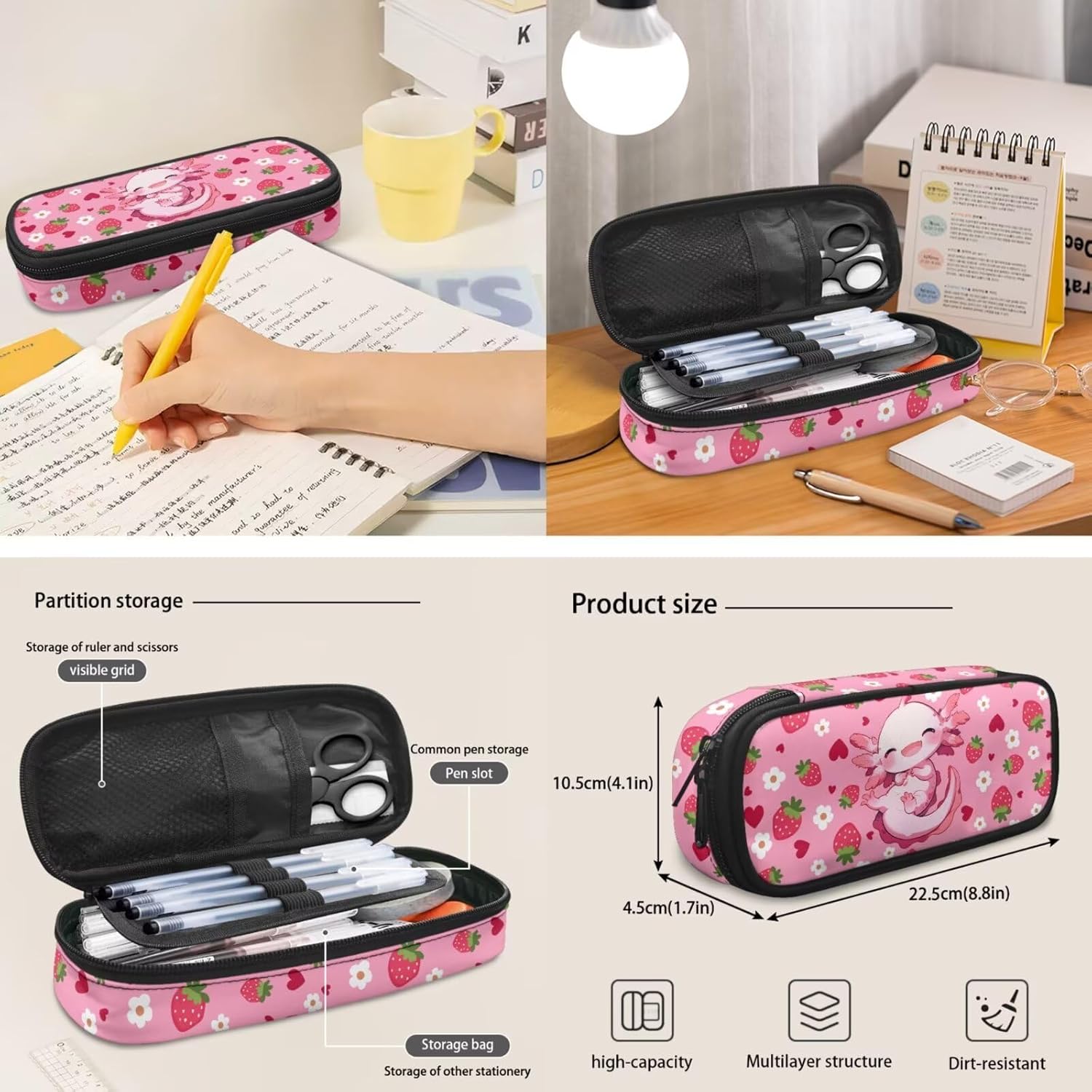 BYCHECAR Axolotl Backpack for Girls 10-12 with Lunchbox Lovely Kids Backpack Portable Lunch Bag Pencil Case Keychain Set Strawberry Pink Daypack Lunch Box Pen Bag Key Chain for Hiking - Image 6