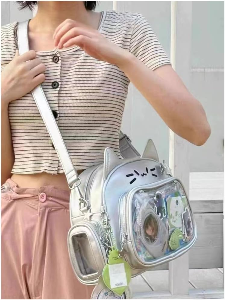 Cat Ita Bag Pin Display Backpack for School PU Leather Preppy Backpack for Girls Y2k Aesthetic Single Shoulder Bag - Image 3