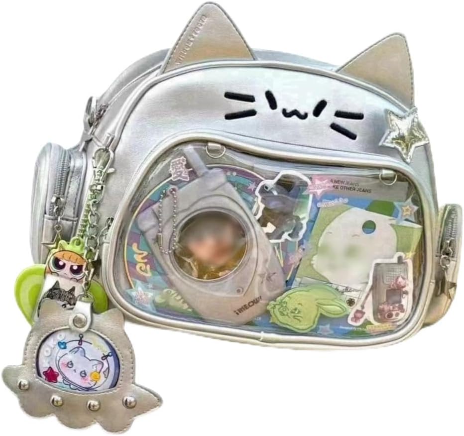 Cat Ita Bag Pin Display Backpack for School PU Leather Preppy Backpack for Girls Y2k Aesthetic Single Shoulder Bag