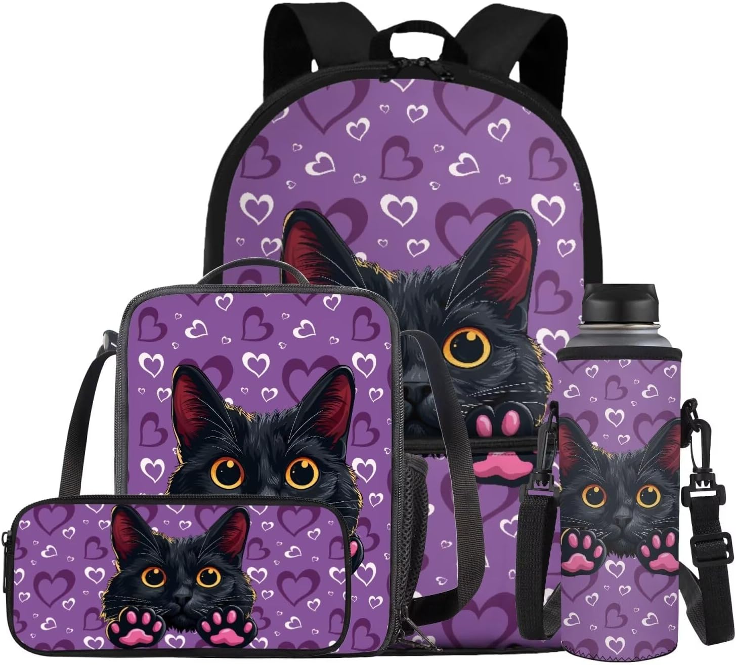 COEQINE Girls Backpack with Water Bottle Cat Listen To Music Pattern Kawaii Lunch Bag for Kids School Backpacks Pencil Case Sleeve Kindergarten 17 Inch Bookbag Elementary 4 Pcs - Image 28