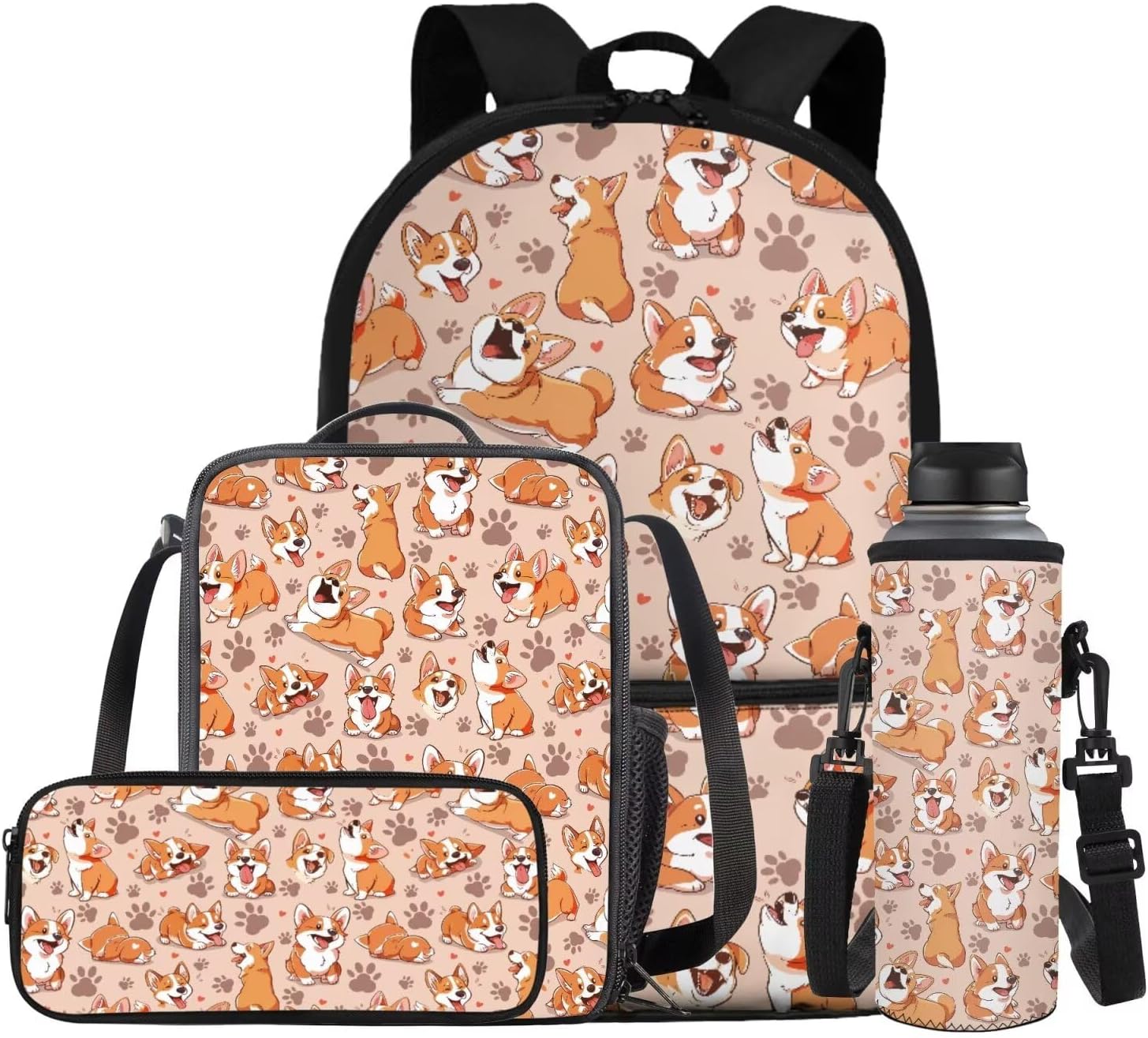 COEQINE Girls Backpack with Water Bottle Cat Listen To Music Pattern Kawaii Lunch Bag for Kids School Backpacks Pencil Case Sleeve Kindergarten 17 Inch Bookbag Elementary 4 Pcs - Image 37