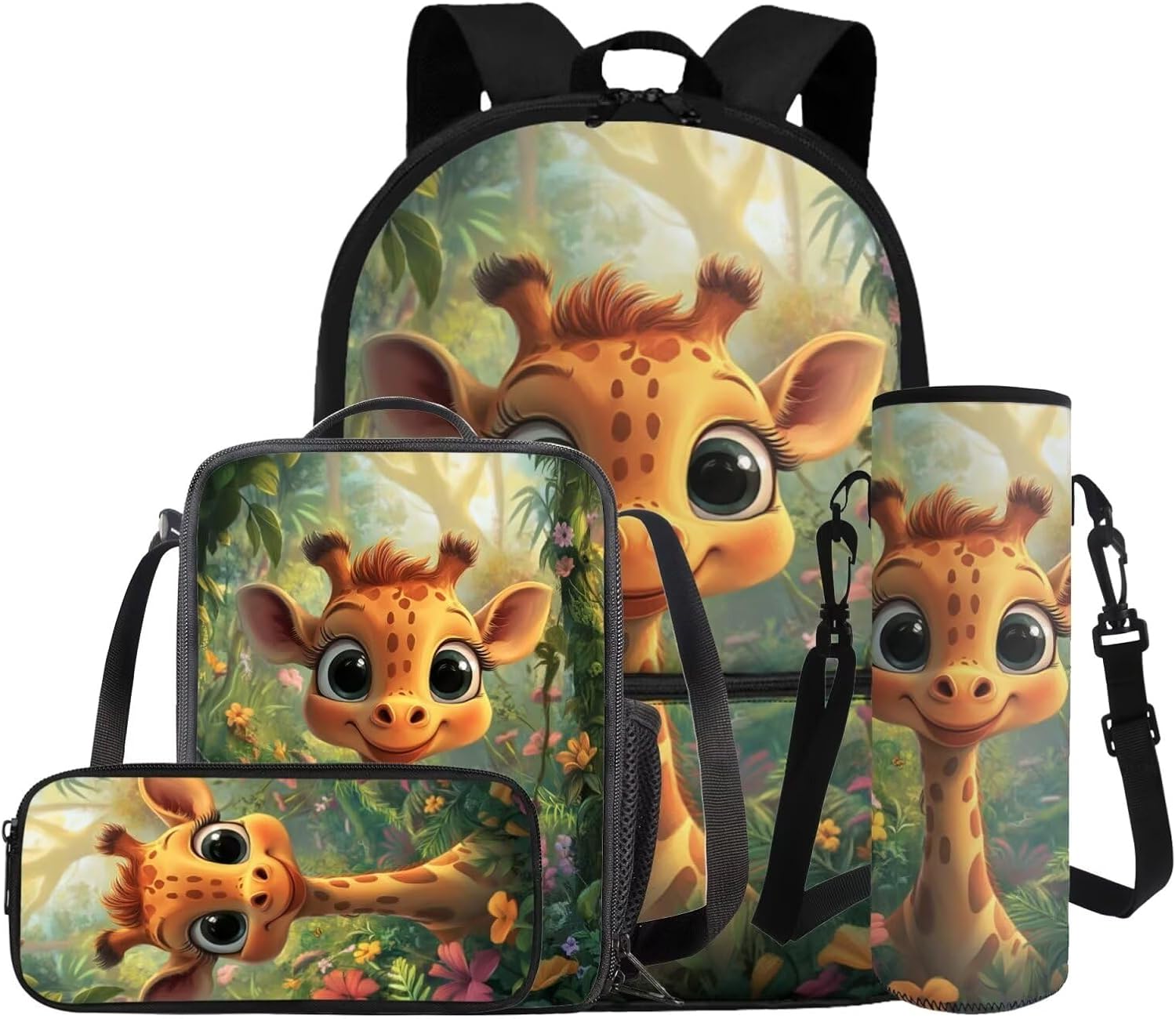 COEQINE Girls Backpack with Water Bottle Cat Listen To Music Pattern Kawaii Lunch Bag for Kids School Backpacks Pencil Case Sleeve Kindergarten 17 Inch Bookbag Elementary 4 Pcs - Image 6