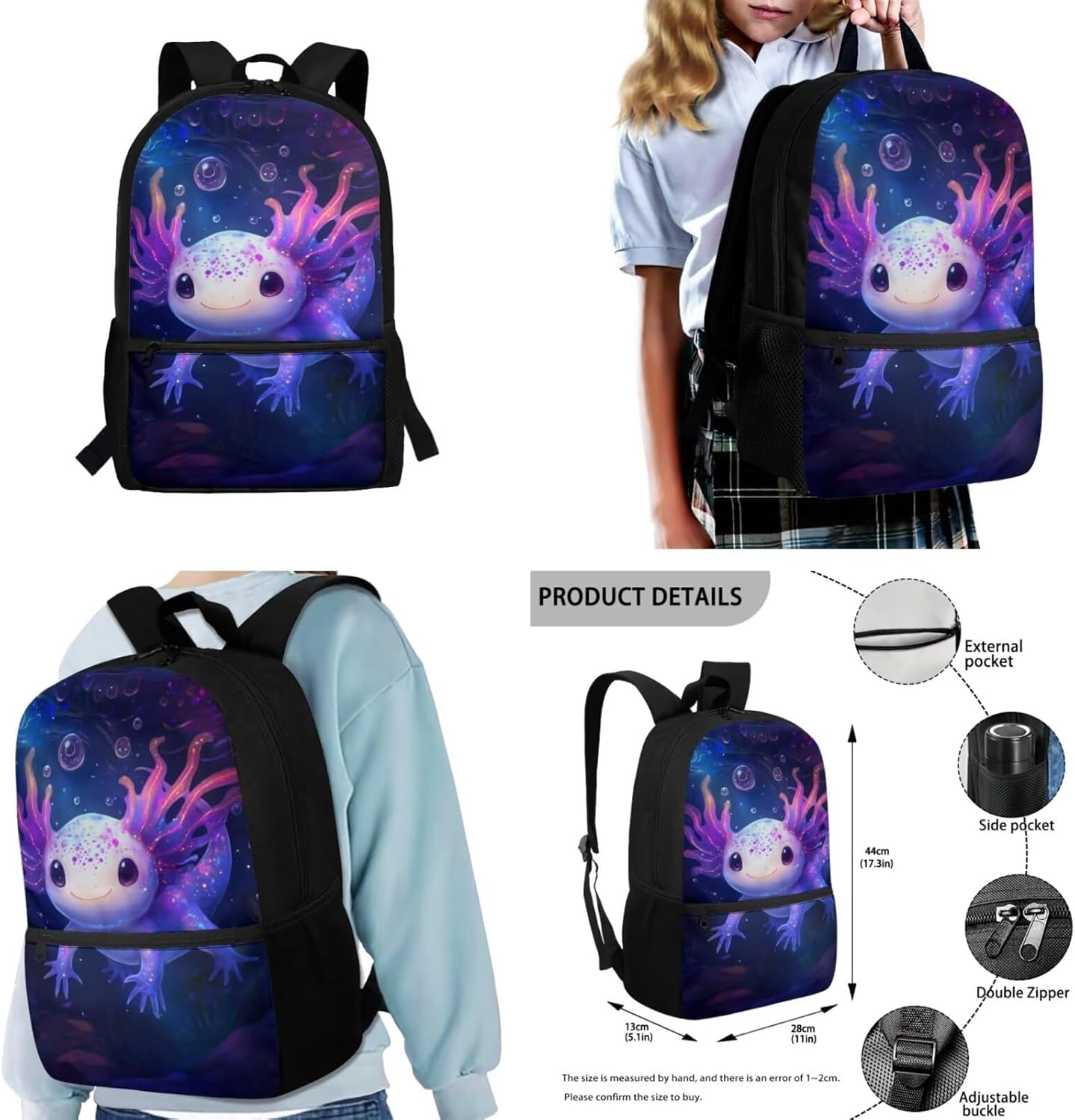 COEQINE Girls Backpack with Water Bottle Cat Listen To Music Pattern Kawaii Lunch Bag for Kids School Backpacks Pencil Case Sleeve Kindergarten 17 Inch Bookbag Elementary 4 Pcs - Image 2