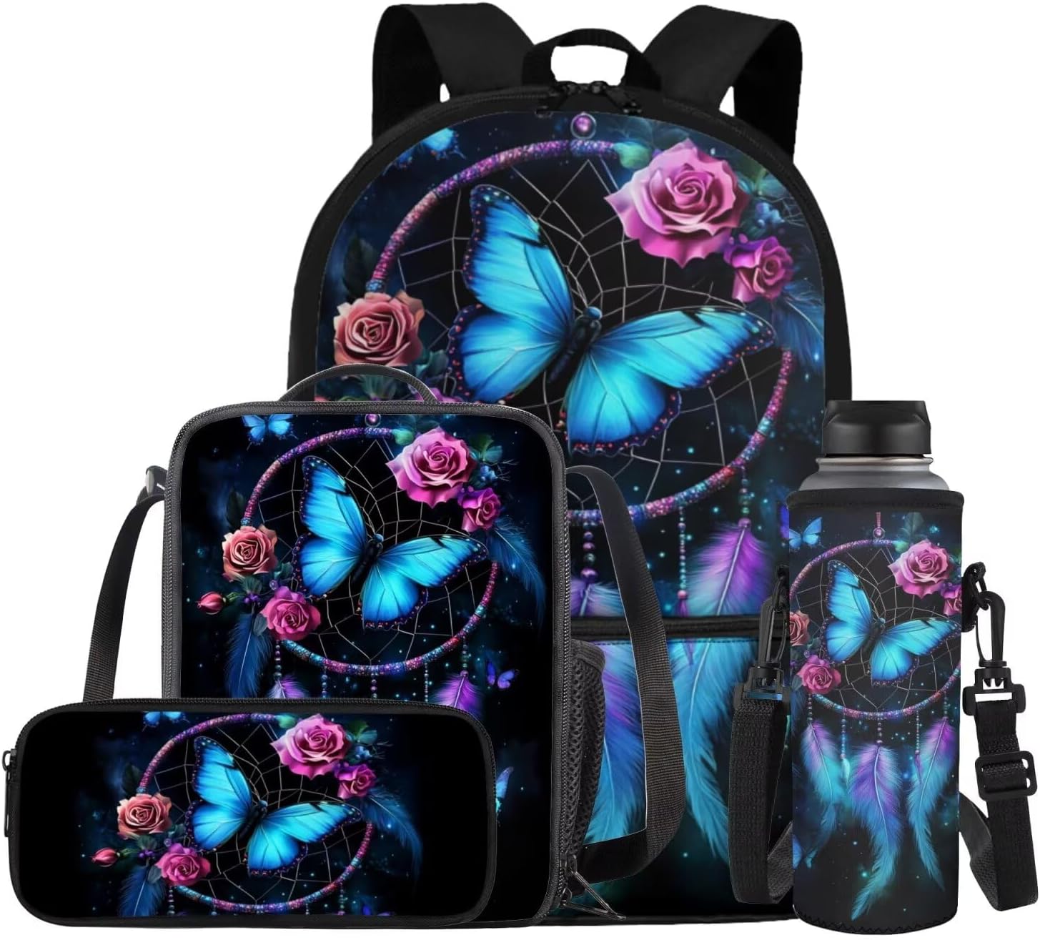 COEQINE Girls Backpack with Water Bottle Cat Listen To Music Pattern Kawaii Lunch Bag for Kids School Backpacks Pencil Case Sleeve Kindergarten 17 Inch Bookbag Elementary 4 Pcs - Image 9