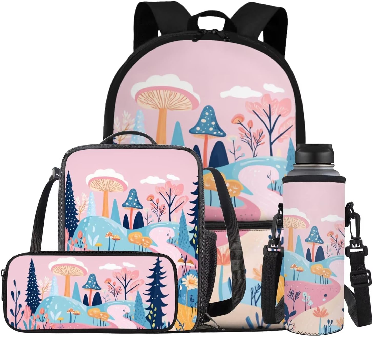 COEQINE Girls Backpack with Water Bottle Cat Listen To Music Pattern Kawaii Lunch Bag for Kids School Backpacks Pencil Case Sleeve Kindergarten 17 Inch Bookbag Elementary 4 Pcs - Image 14