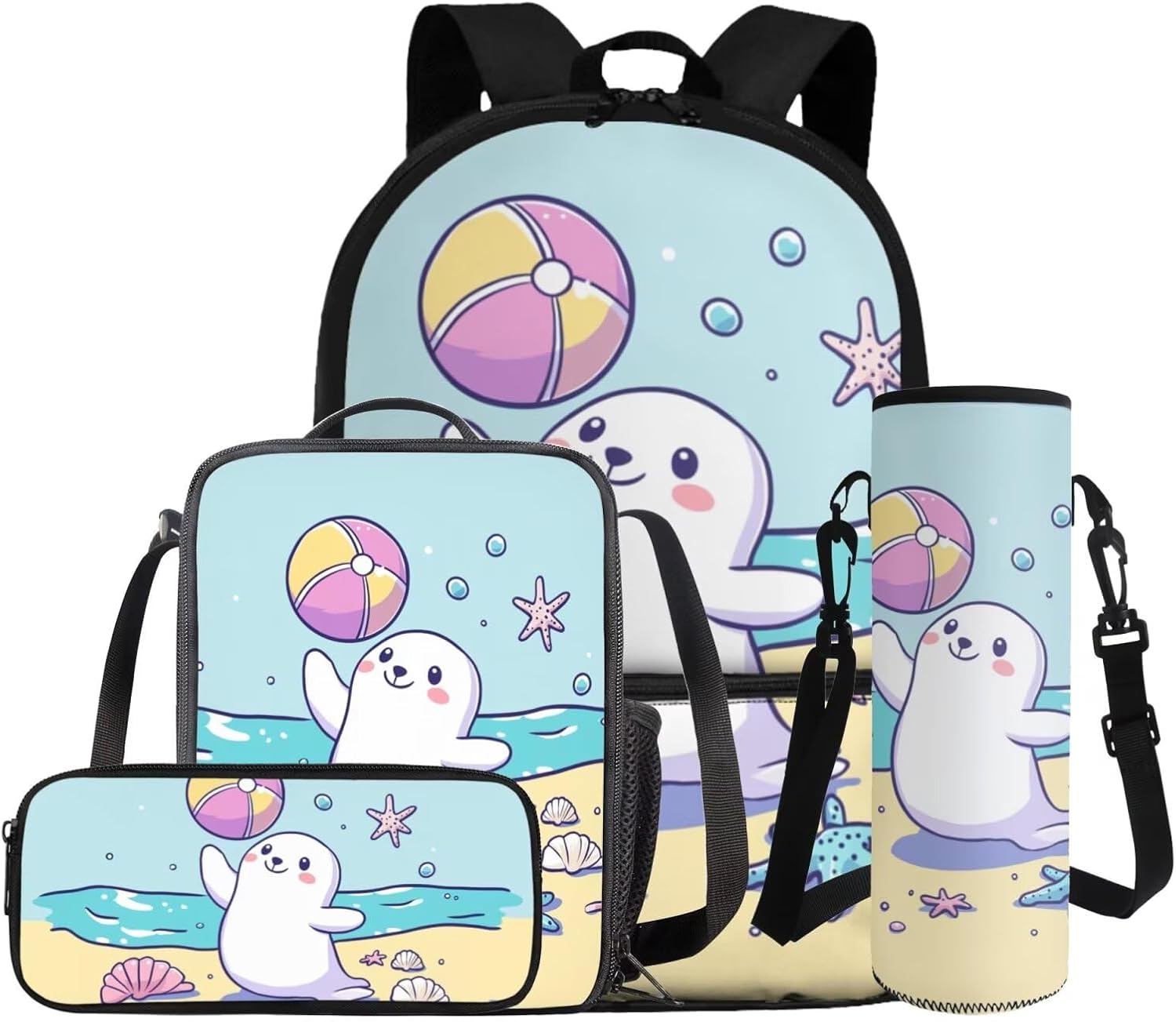 COEQINE Girls Backpack with Water Bottle Cat Listen To Music Pattern Kawaii Lunch Bag for Kids School Backpacks Pencil Case Sleeve Kindergarten 17 Inch Bookbag Elementary 4 Pcs - Image 29