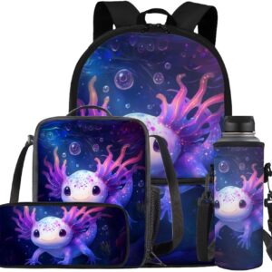 COEQINE Girls Backpack with Water Bottle Cat Listen To Music Pattern Kawaii Lunch Bag for Kids School Backpacks Pencil Case Sleeve Kindergarten 17 Inch Bookbag Elementary 4 Pcs