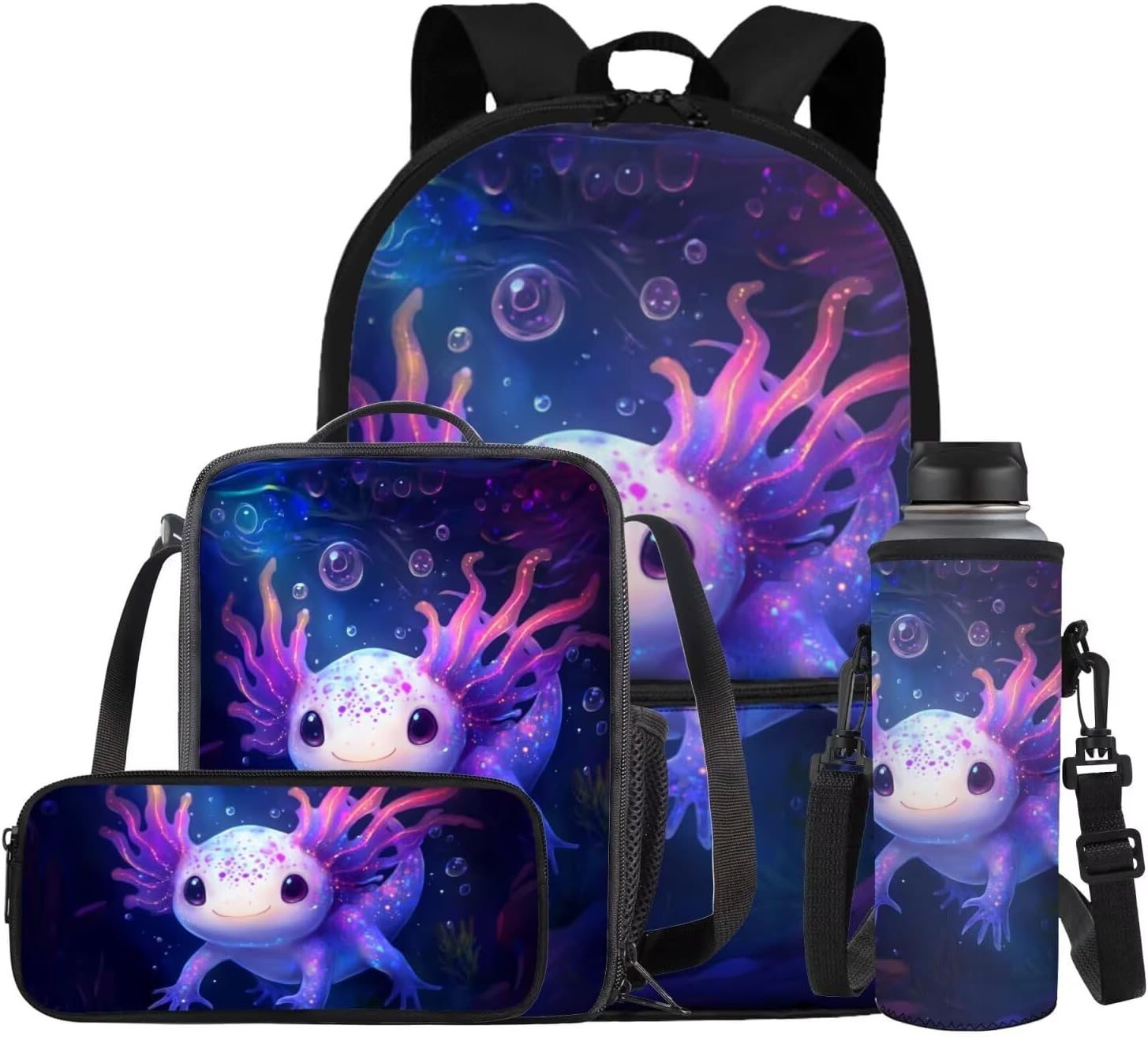 COEQINE Girls Backpack with Water Bottle Cat Listen To Music Pattern Kawaii Lunch Bag for Kids School Backpacks Pencil Case Sleeve Kindergarten 17 Inch Bookbag Elementary 4 Pcs