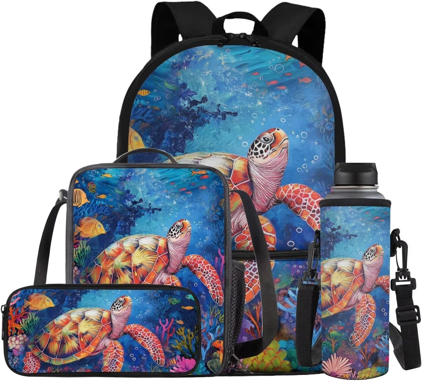 COEQINE Girls Backpack with Water Bottle Cat Listen To Music Pattern Kawaii Lunch Bag for Kids School Backpacks Pencil Case Sleeve Kindergarten 17 Inch Bookbag Elementary 4 Pcs - Image 26