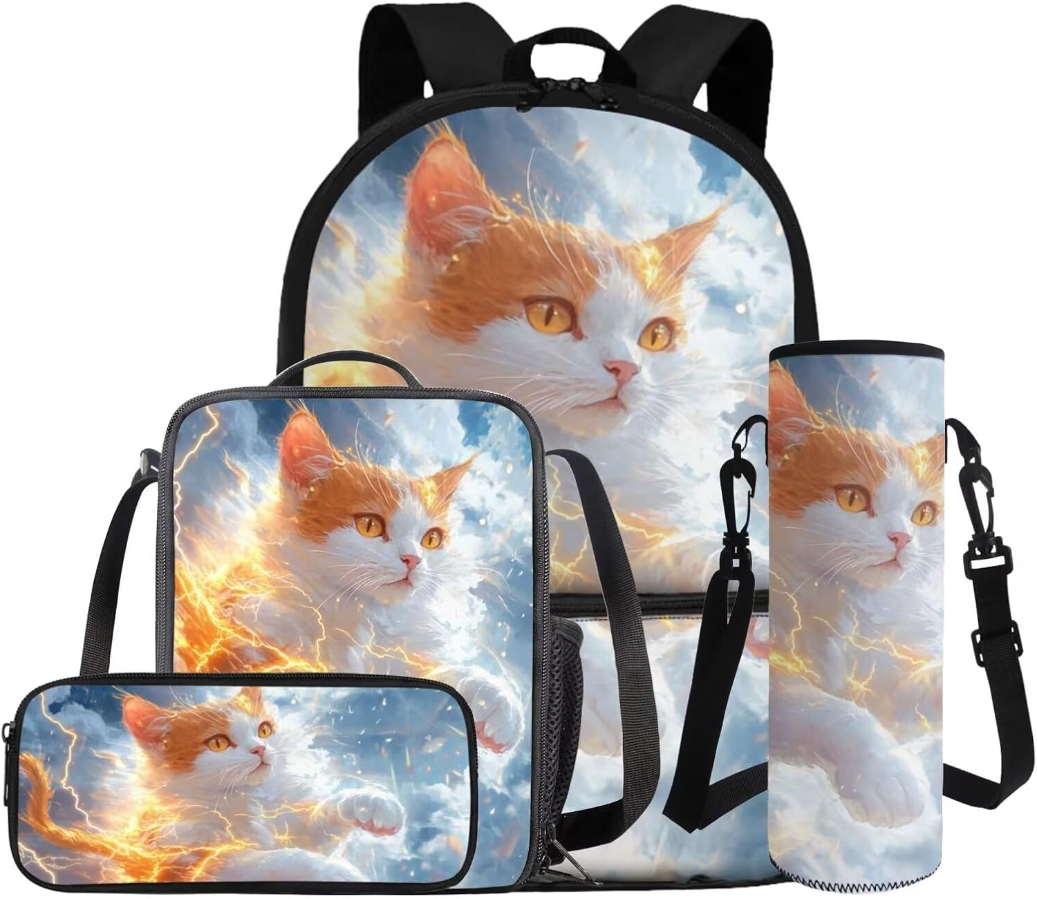 COEQINE Girls Backpack with Water Bottle Cat Listen To Music Pattern Kawaii Lunch Bag for Kids School Backpacks Pencil Case Sleeve Kindergarten 17 Inch Bookbag Elementary 4 Pcs - Image 8