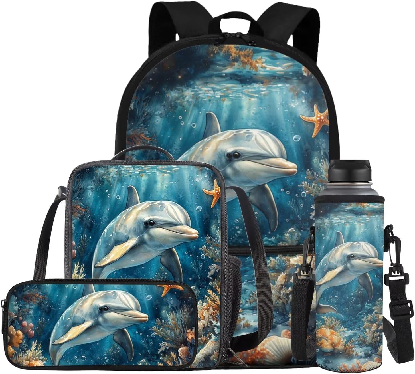 COEQINE Girls Backpack with Water Bottle Cat Listen To Music Pattern Kawaii Lunch Bag for Kids School Backpacks Pencil Case Sleeve Kindergarten 17 Inch Bookbag Elementary 4 Pcs - Image 16