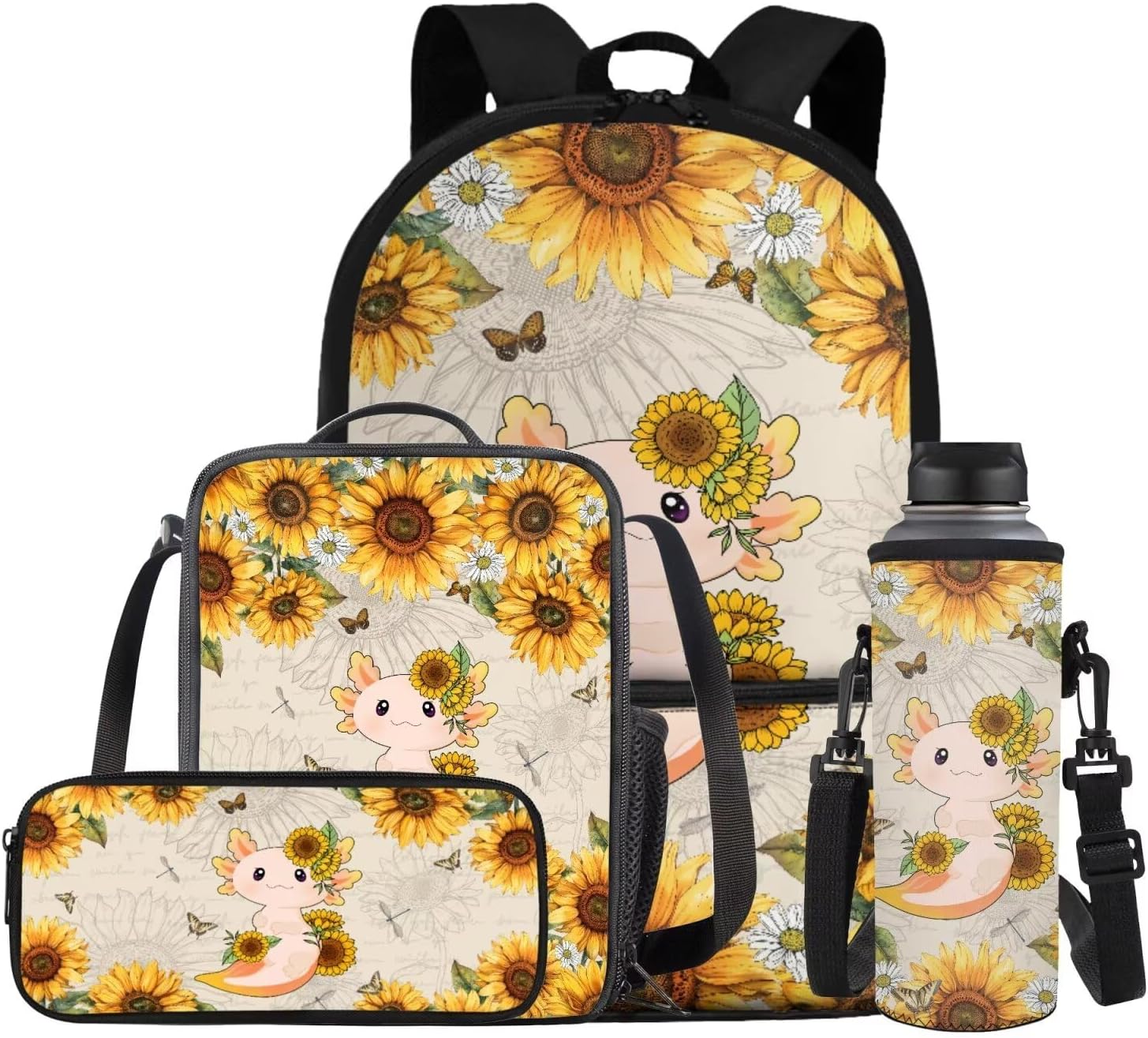 COEQINE Girls Backpack with Water Bottle Cat Listen To Music Pattern Kawaii Lunch Bag for Kids School Backpacks Pencil Case Sleeve Kindergarten 17 Inch Bookbag Elementary 4 Pcs - Image 24