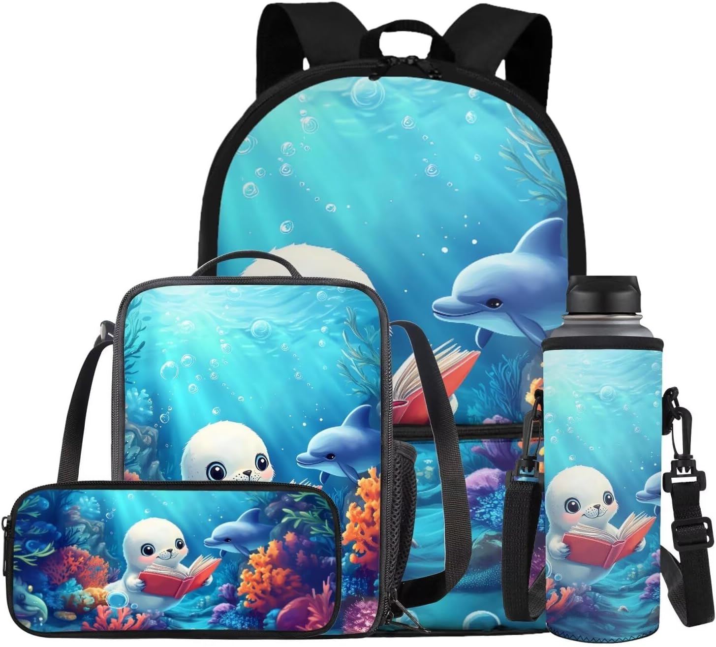 COEQINE Girls Backpack with Water Bottle Cat Listen To Music Pattern Kawaii Lunch Bag for Kids School Backpacks Pencil Case Sleeve Kindergarten 17 Inch Bookbag Elementary 4 Pcs - Image 13