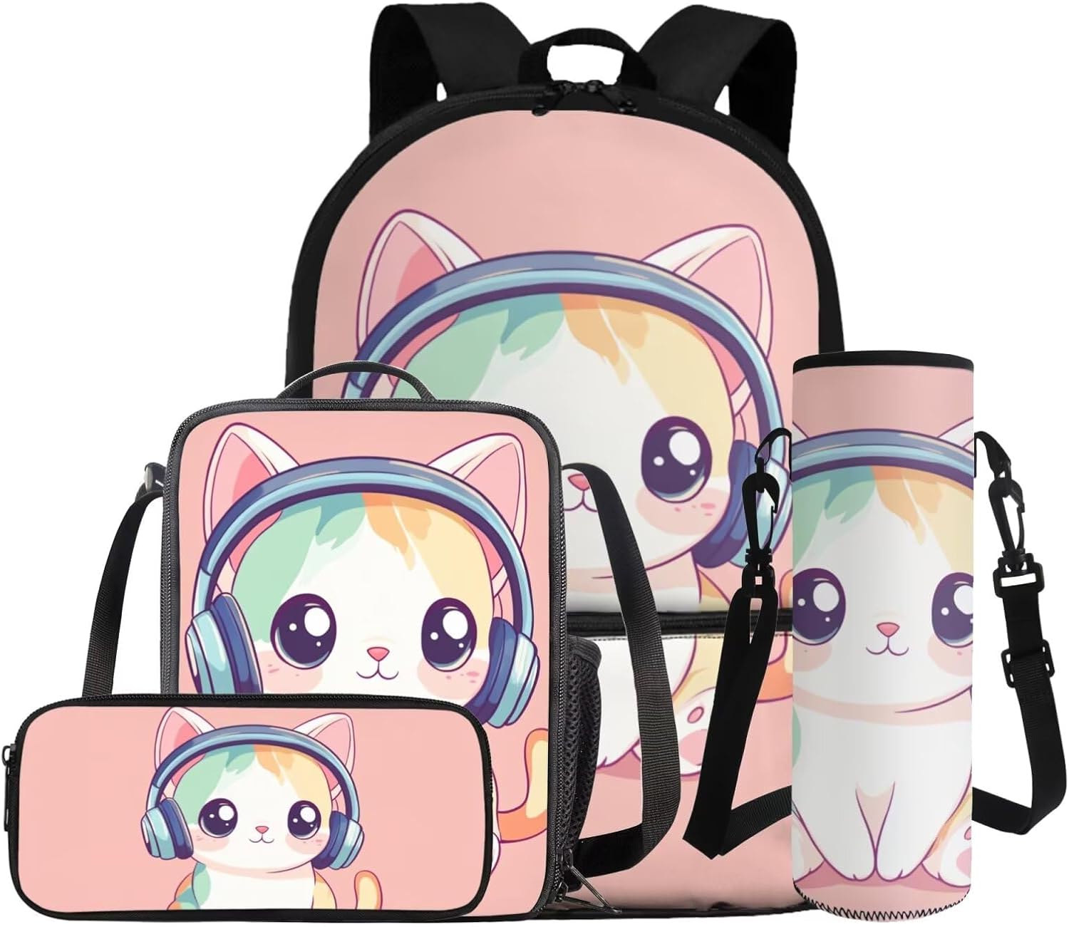 COEQINE Girls Backpack with Water Bottle Cat Listen To Music Pattern Kawaii Lunch Bag for Kids School Backpacks Pencil Case Sleeve Kindergarten 17 Inch Bookbag Elementary 4 Pcs - Image 17