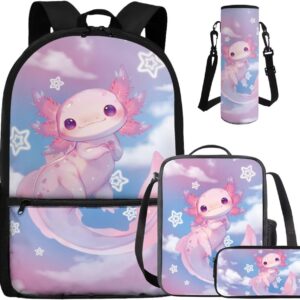 COEQINE Girls Backpack with Water Bottle Pink Axolotl Stars Y2K for 8-10 Kawaii Bookbags Kids School Bag Set Lunch Box Pencil Case Sleeve Teens Purse