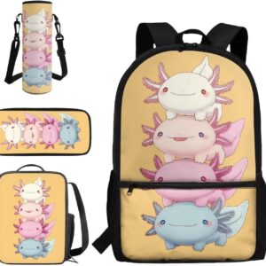 COEQINE Kawaii Axolotl Backpack For School With Water Bottle Sleeve for Kids 17 Inch Breatheable Personalized Bookbag for Toddler Girls Kindergarten Elementary Lightweight Rucksack