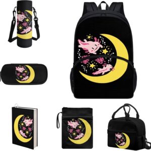 COEQINE Kawaii Axolotl Moon Backpack Set for Kids Girls Toddler Kidergarten Lunch Box Kids Bookbag With Large Pencil Case And Insulation Water Bottle Case Strap Elastic Book Sleeves 6 Pcs