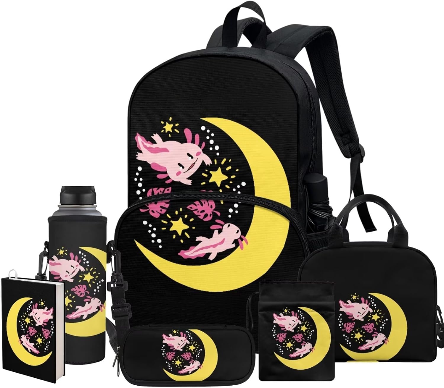 COEQINE Kawaii Axolotl Moon Backpack Set for Kids Girls Toddler Kidergarten Lunch Box Kids Bookbag With Large Pencil Case And Insulation Water Bottle Case Strap Elastic Book Sleeves 6 Pcs - Image 3