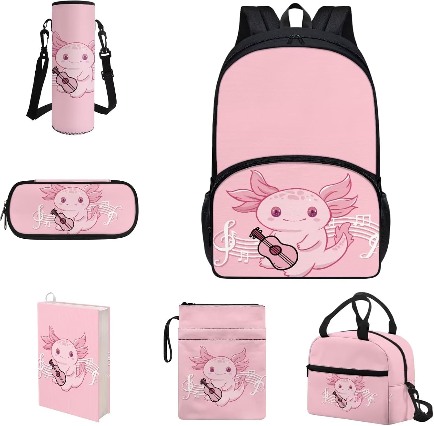 COEQINE Kawaii Axolotl Moon Backpack Set for Kids Girls Toddler Kidergarten Lunch Box Kids Bookbag With Large Pencil Case And Insulation Water Bottle Case Strap Elastic Book Sleeves 6 Pcs - Image 19