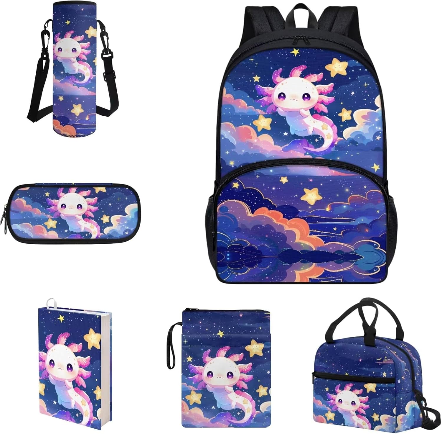 COEQINE Kawaii Axolotl Moon Backpack Set for Kids Girls Toddler Kidergarten Lunch Box Kids Bookbag With Large Pencil Case And Insulation Water Bottle Case Strap Elastic Book Sleeves 6 Pcs - Image 21