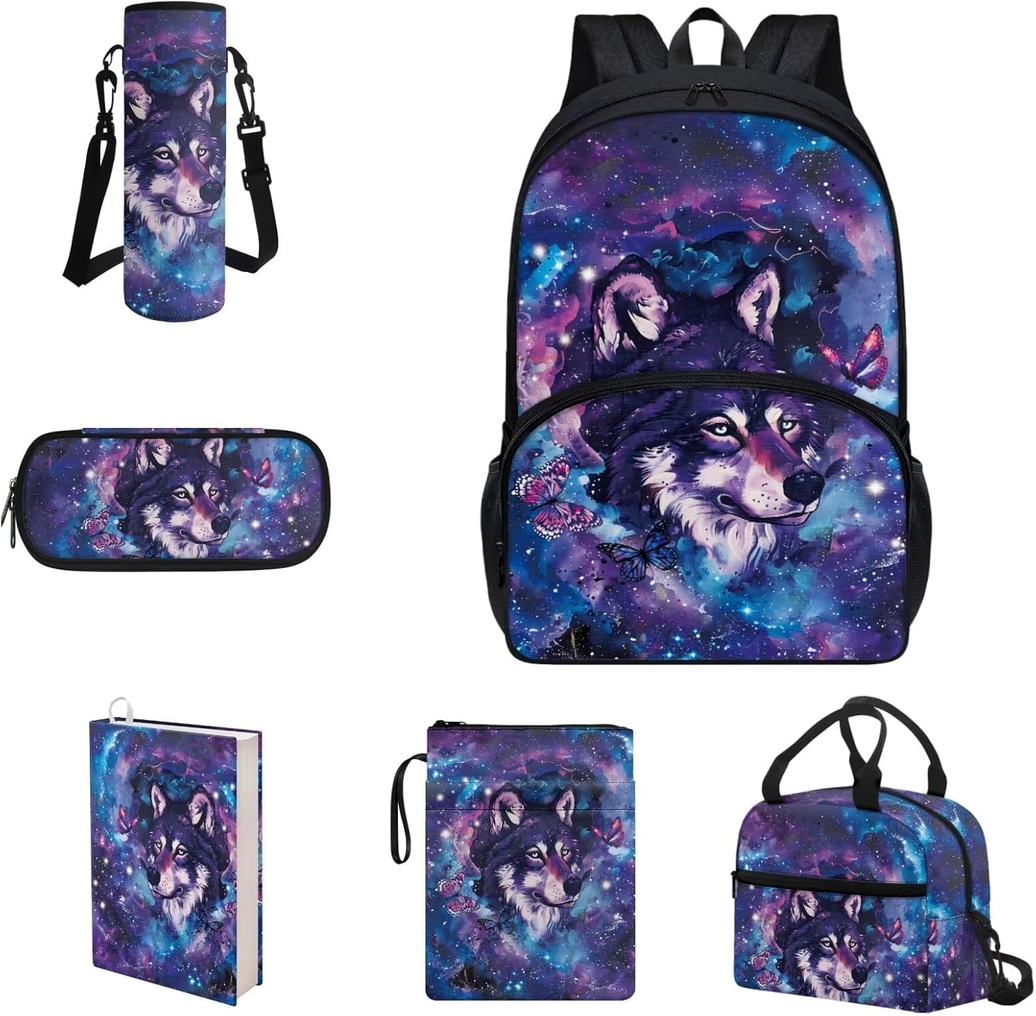 COEQINE Kawaii Axolotl Moon Backpack Set for Kids Girls Toddler Kidergarten Lunch Box Kids Bookbag With Large Pencil Case And Insulation Water Bottle Case Strap Elastic Book Sleeves 6 Pcs - Image 27