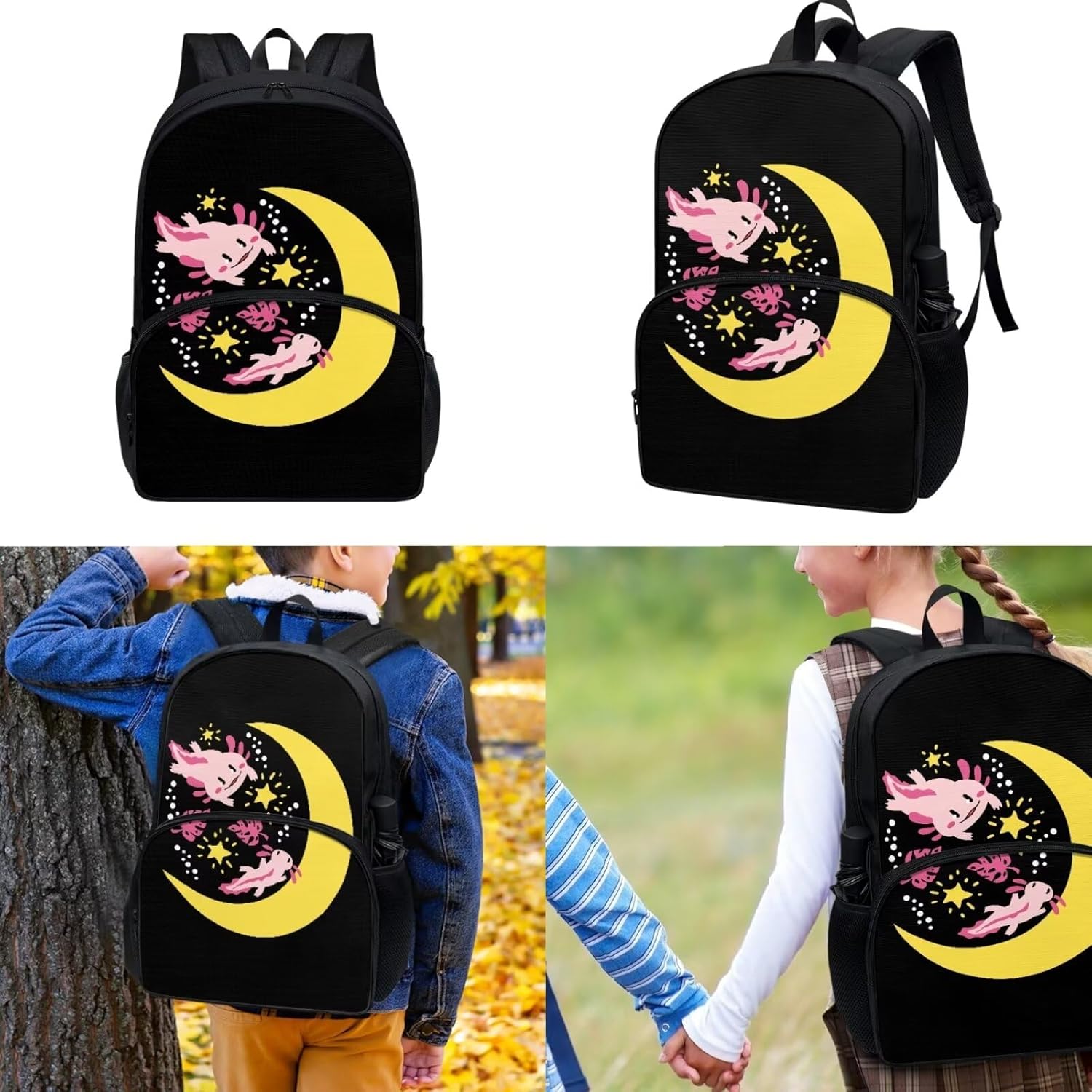 COEQINE Kawaii Axolotl Moon Backpack Set for Kids Girls Toddler Kidergarten Lunch Box Kids Bookbag With Large Pencil Case And Insulation Water Bottle Case Strap Elastic Book Sleeves 6 Pcs - Image 4
