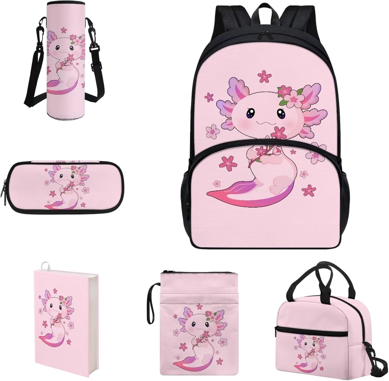 COEQINE Kawaii Axolotl Moon Backpack Set for Kids Girls Toddler Kidergarten Lunch Box Kids Bookbag With Large Pencil Case And Insulation Water Bottle Case Strap Elastic Book Sleeves 6 Pcs - Image 9