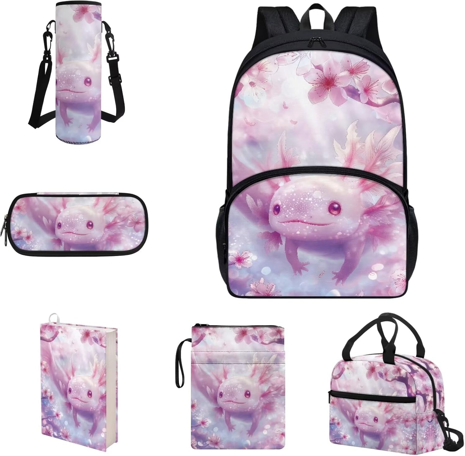 COEQINE Kawaii Axolotl Moon Backpack Set for Kids Girls Toddler Kidergarten Lunch Box Kids Bookbag With Large Pencil Case And Insulation Water Bottle Case Strap Elastic Book Sleeves 6 Pcs - Image 11