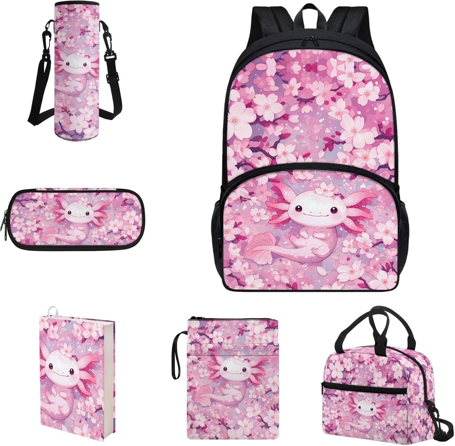 COEQINE Kawaii Axolotl Moon Backpack Set for Kids Girls Toddler Kidergarten Lunch Box Kids Bookbag With Large Pencil Case And Insulation Water Bottle Case Strap Elastic Book Sleeves 6 Pcs - Image 25