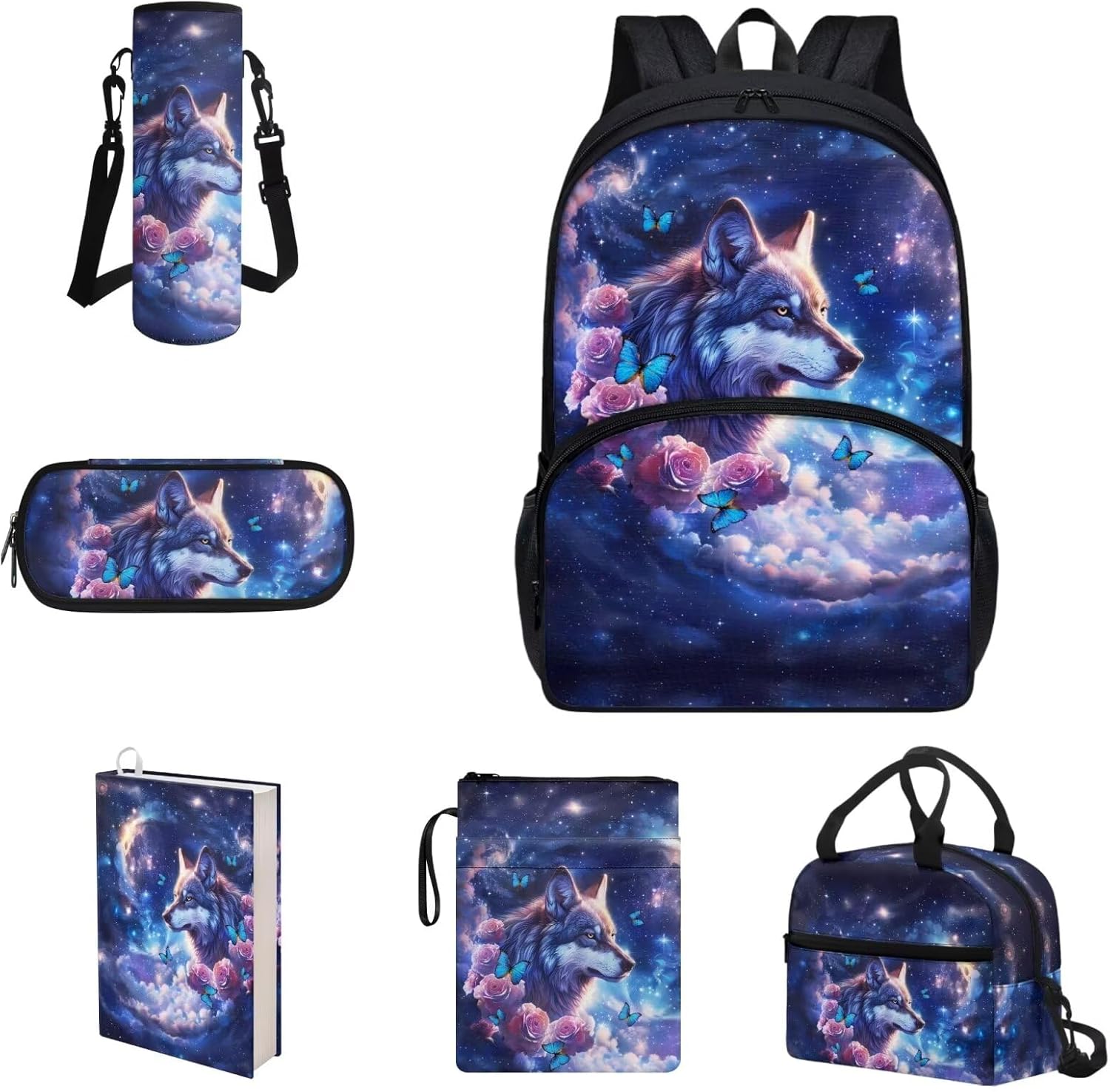 COEQINE Kawaii Axolotl Moon Backpack Set for Kids Girls Toddler Kidergarten Lunch Box Kids Bookbag With Large Pencil Case And Insulation Water Bottle Case Strap Elastic Book Sleeves 6 Pcs - Image 20