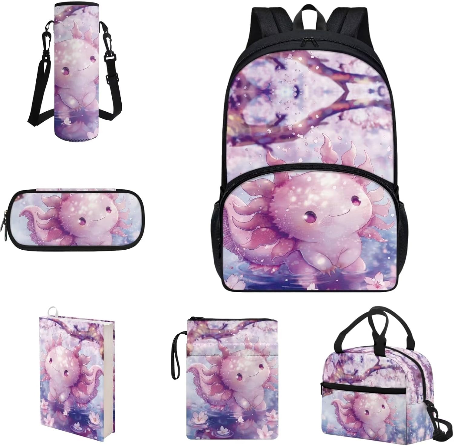 COEQINE Kawaii Axolotl Moon Backpack Set for Kids Girls Toddler Kidergarten Lunch Box Kids Bookbag With Large Pencil Case And Insulation Water Bottle Case Strap Elastic Book Sleeves 6 Pcs - Image 12