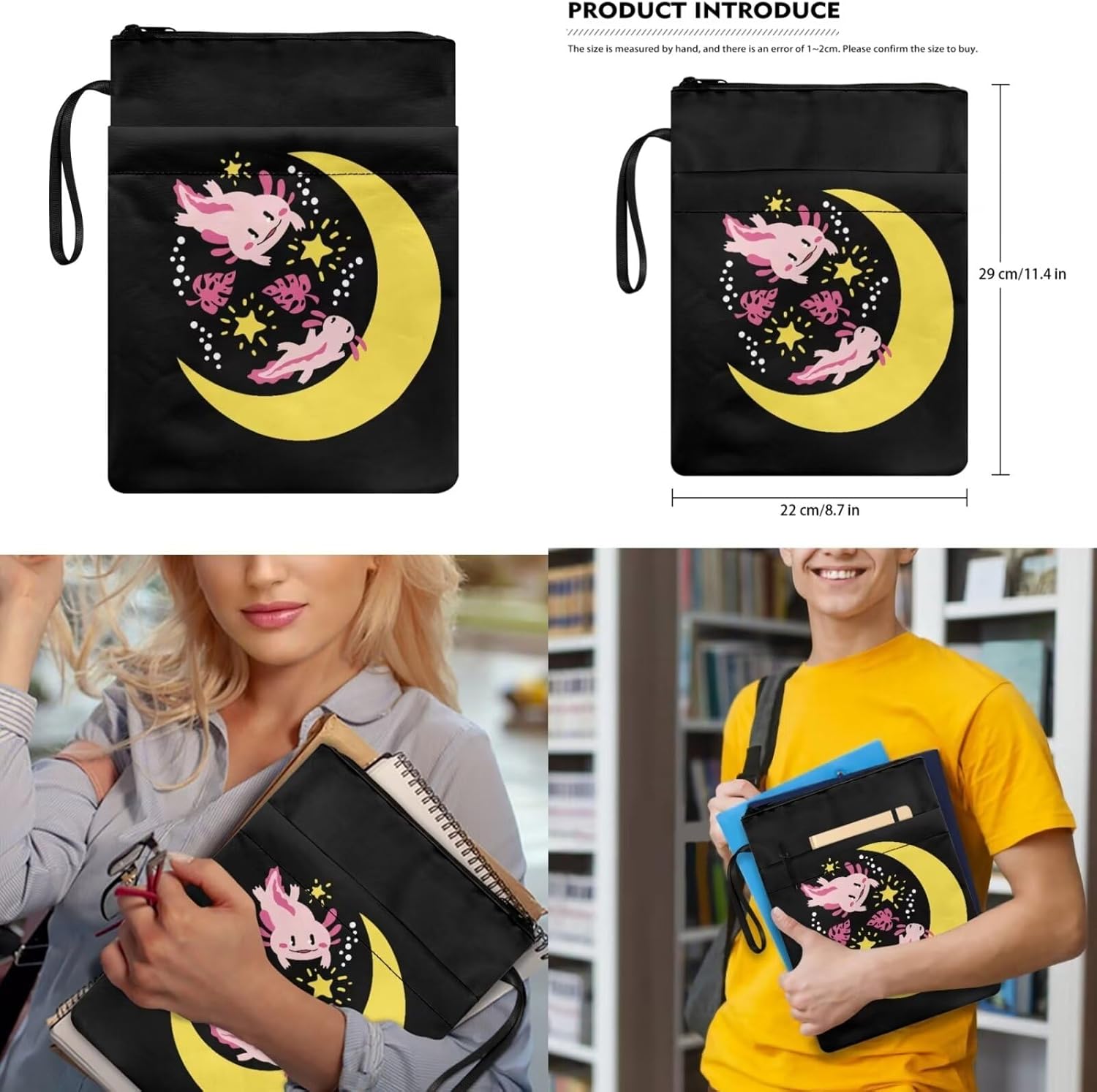 COEQINE Kawaii Axolotl Moon Backpack Set for Kids Girls Toddler Kidergarten Lunch Box Kids Bookbag With Large Pencil Case And Insulation Water Bottle Case Strap Elastic Book Sleeves 6 Pcs - Image 8