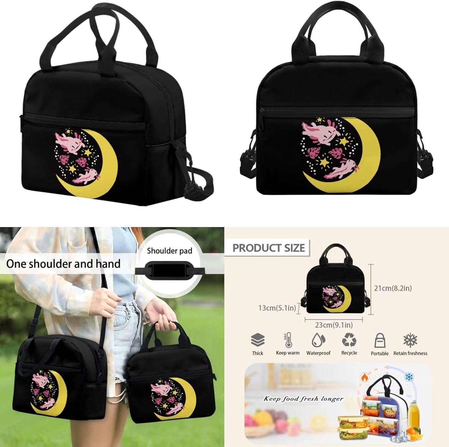 COEQINE Kawaii Axolotl Moon Backpack Set for Kids Girls Toddler Kidergarten Lunch Box Kids Bookbag With Large Pencil Case And Insulation Water Bottle Case Strap Elastic Book Sleeves 6 Pcs - Image 5