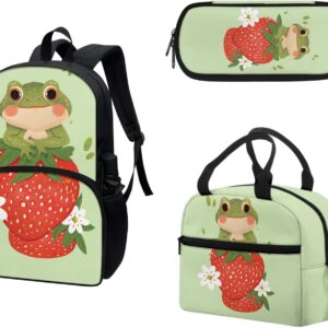 COEQINE Kawaii Frog Stawberry Backpack For Gir'S Bookbag And Lunch Box Set Daisy Boho Floral School Bag Pencil Case for Preschool Middle High School 3 Pack