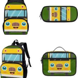 COEQINE Kawaii Kids School Backpack Sets 3 Pack,Yellow Schoolbus Bookbag With Lunch Box for Boys Kidergarten 6-10 Age Durable Student Daypack Pencil Case
