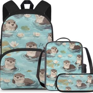 COEQINE Otter Backpack for Girls Kawaii Pre School Bookbag Set for Toddler with Lunch Box Strap Lightweight 3Pcs 15 Inch Book Bag for Kids 6-8 Year Large Penci Holder