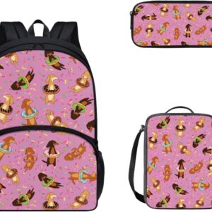 Cozeyat Kawaii Dog School Backpack Girls Set Bookbag with Lunch Bag & Pencil Case Pink Donuts Bookbags Middle Elementary Preschool Kindergarten School Supplies for Kids