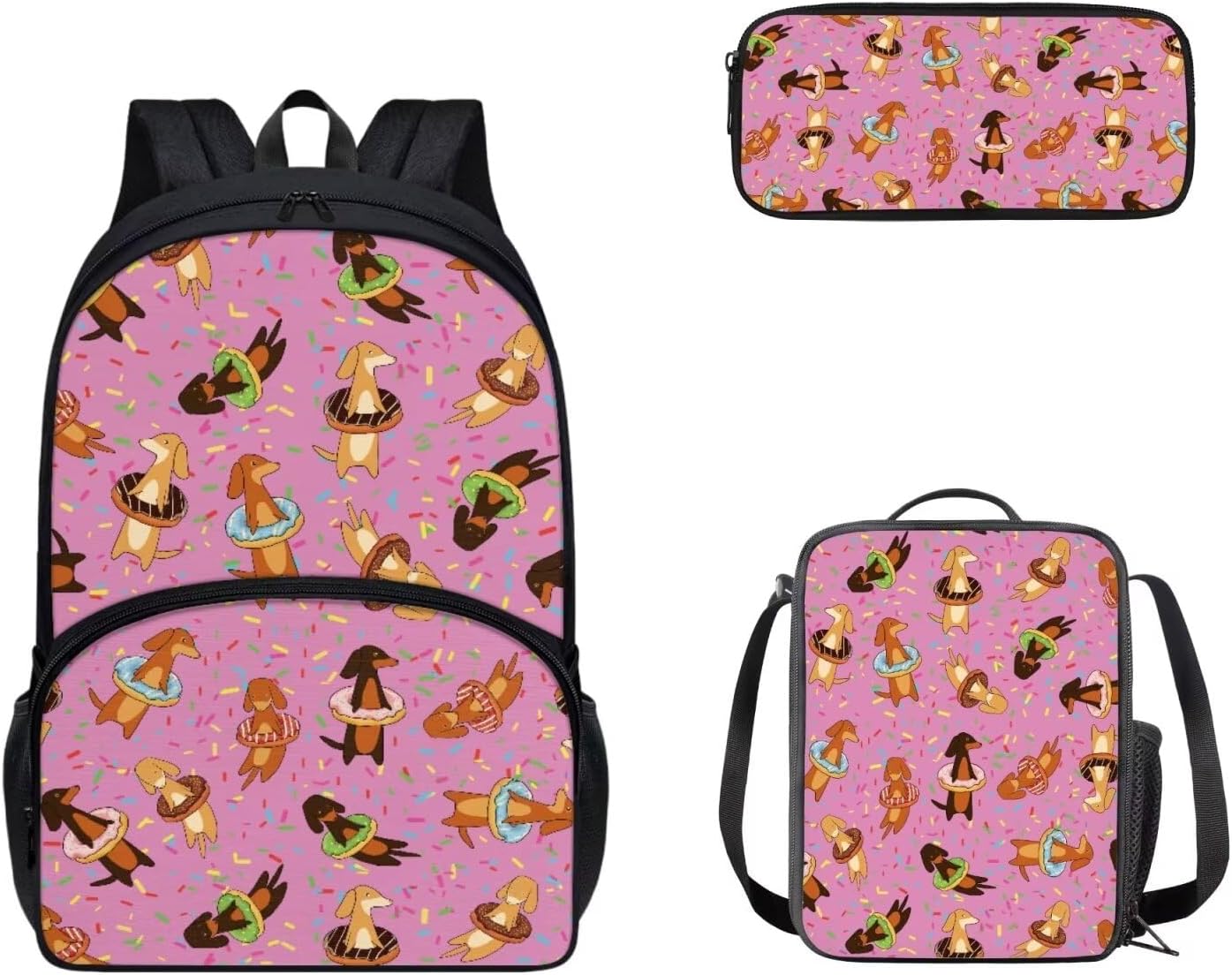 Cozeyat Kawaii Dog School Backpack Girls Set Bookbag with Lunch Bag & Pencil Case Pink Donuts Bookbags Middle Elementary Preschool Kindergarten School Supplies for Kids